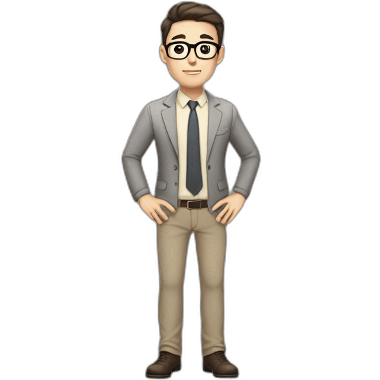 Full height Pale skinned Fit Man With dark brown hair in gray jacket, beige office shirt, tie, Brown pants and vintage glasses. Thrumbs of his palms directed up emoji