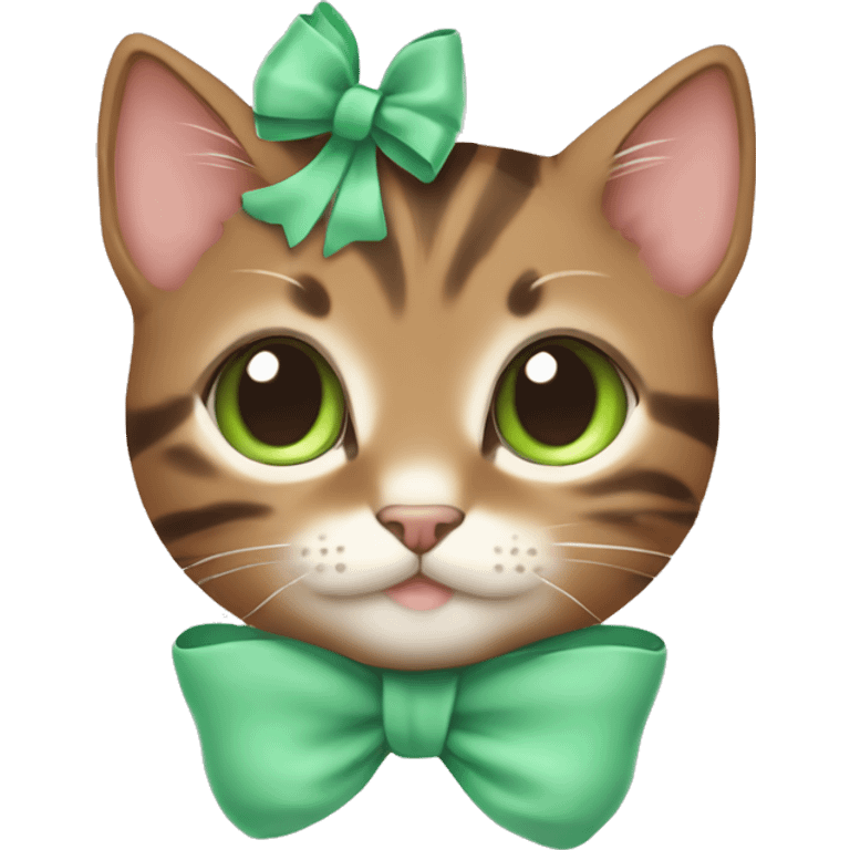 kawaii brown tabby kitten with green eyes and pastel green bow on top of head emoji