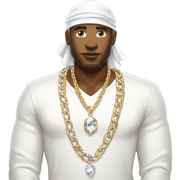 a black rich man wearing a white durag, white shirt, diamond earrings and diamond chain emoji