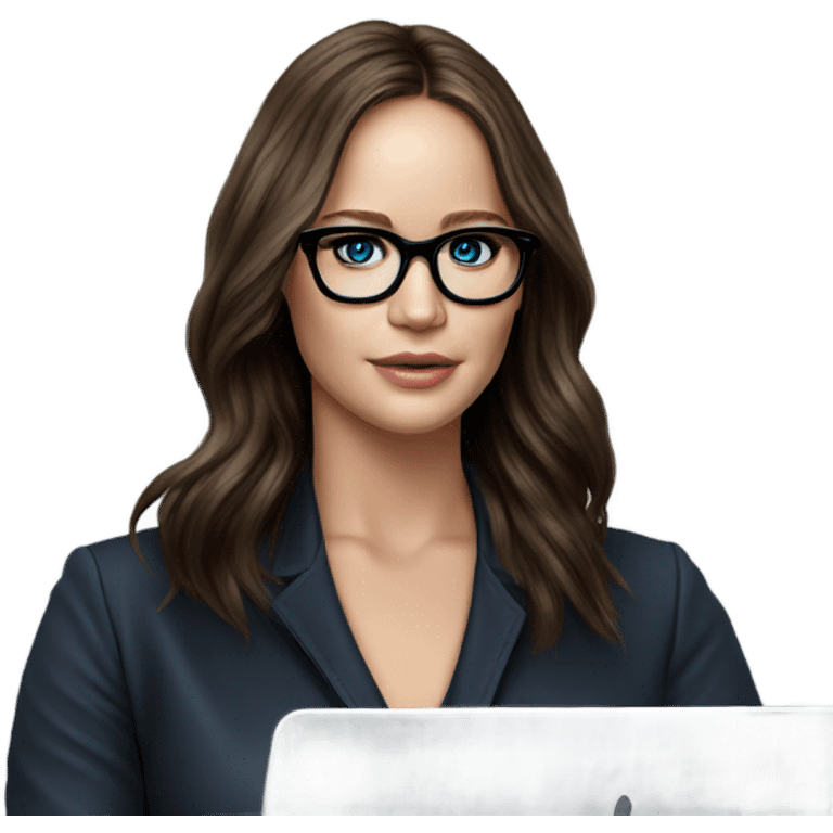 Hyper Realistic Photo of Brunette Jennifer Lawrence wearing black glasses and blue eyes  on a laptop  emoji