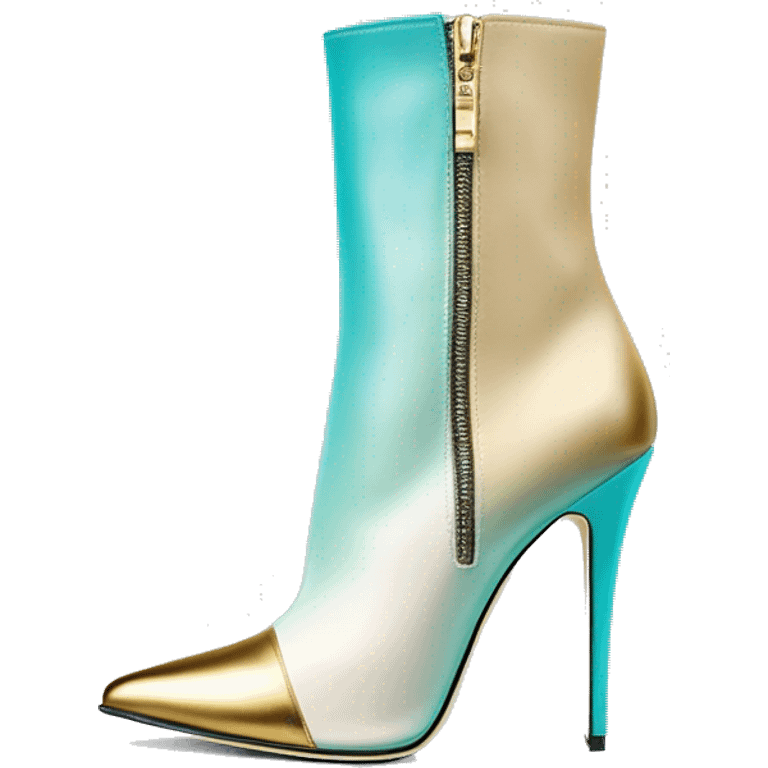 Hyper Realistic isolated top view of a pair of tiffany blue ,cream,and gold ombre Jimmy Choo zippered peppe toe Stiletto Heel ankle bootie boots. emoji