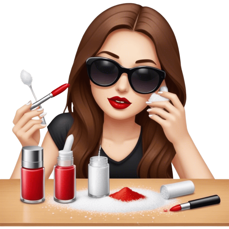 White woman with long brown hair and dark sunglasses sprinkling table salt on top of some lipsticks emoji