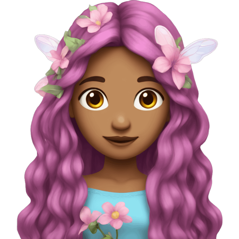 Beautiful, flower, fairy, pink, blue, purple, long hair, tan skin emoji