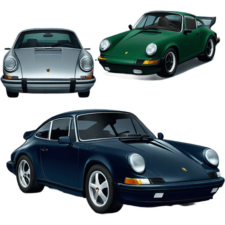 Three CARS porsche 911 cars lined up next to each other all one navy blue one black and one dark green SHOULD ONLY BE THREE CARS AND SHOULD BE LINED UP NEXT TO EACH OTHER emoji