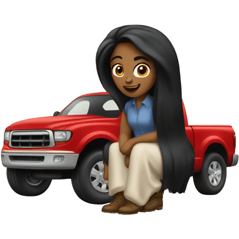 A white lady with long black hair, driving an older red pick up truck emoji