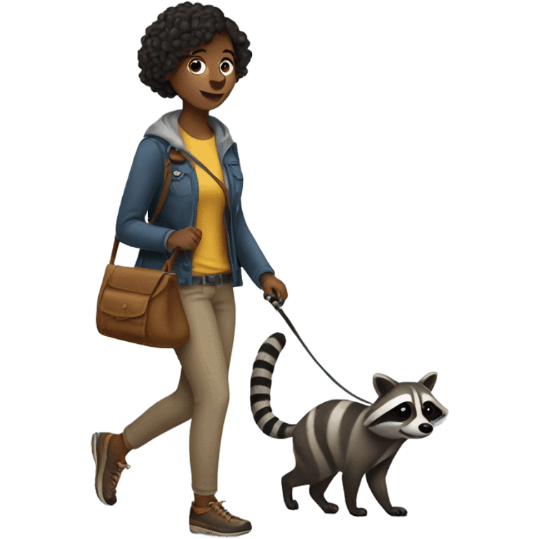 Woman walking a raccoon like a dog emoji