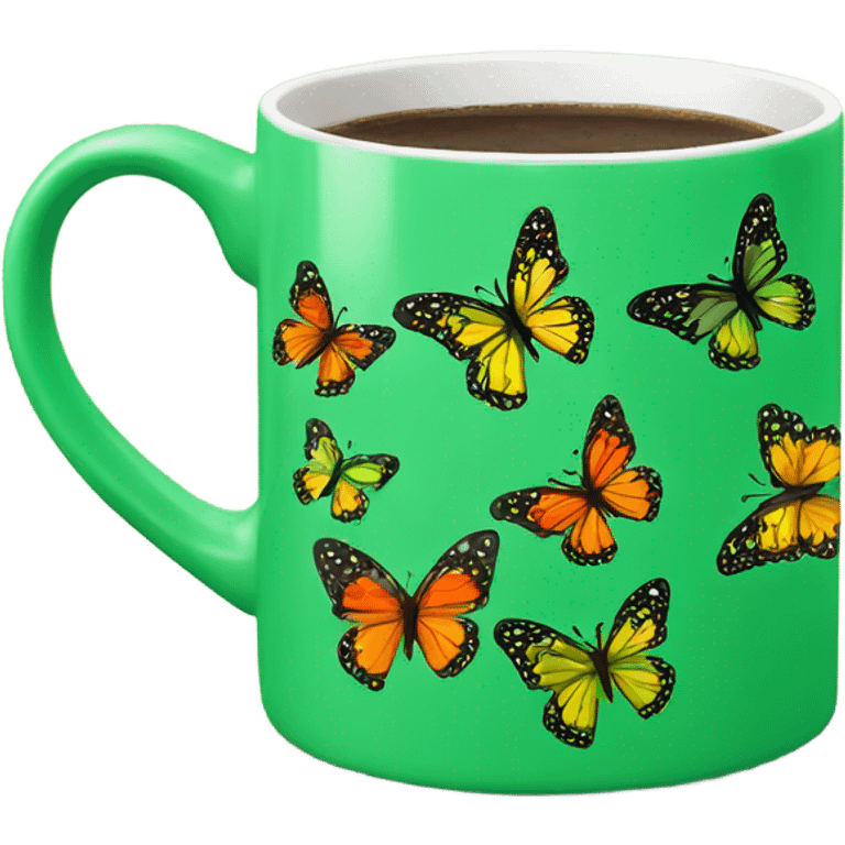 Green coffee mug with butterflies emoji