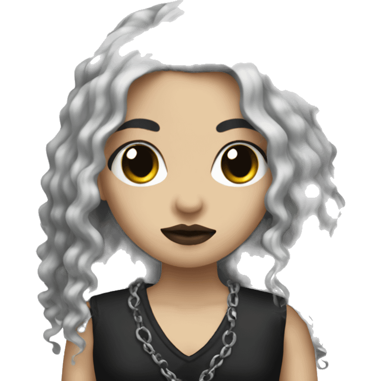 Goth girl with black eyes and a long black curly mullet emoji