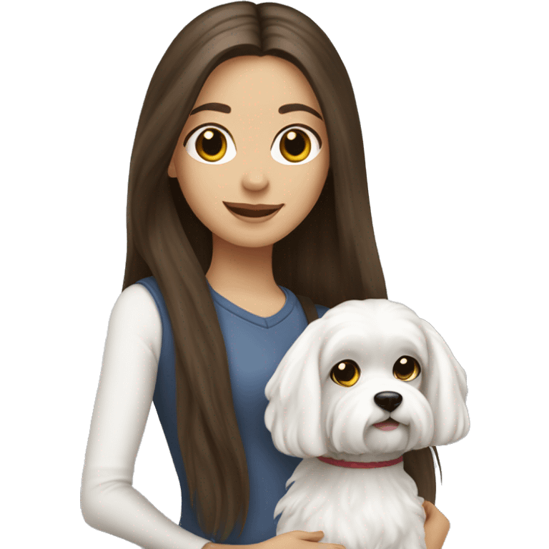 Brunette girl long hair holding a white  Maltese dog emoji