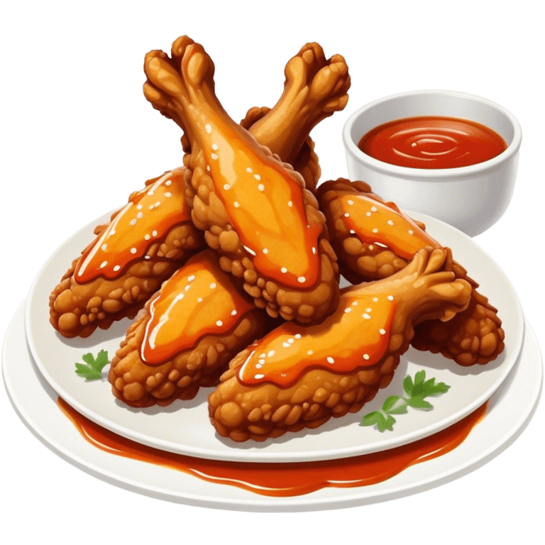 Cinematic crispy chicken wings, golden-brown and glazed with spicy sauce, crunchy coating, juicy inside, piled high with dipping sauce on the side, ultra-realistic and mouthwatering, inviting and bold. emoji