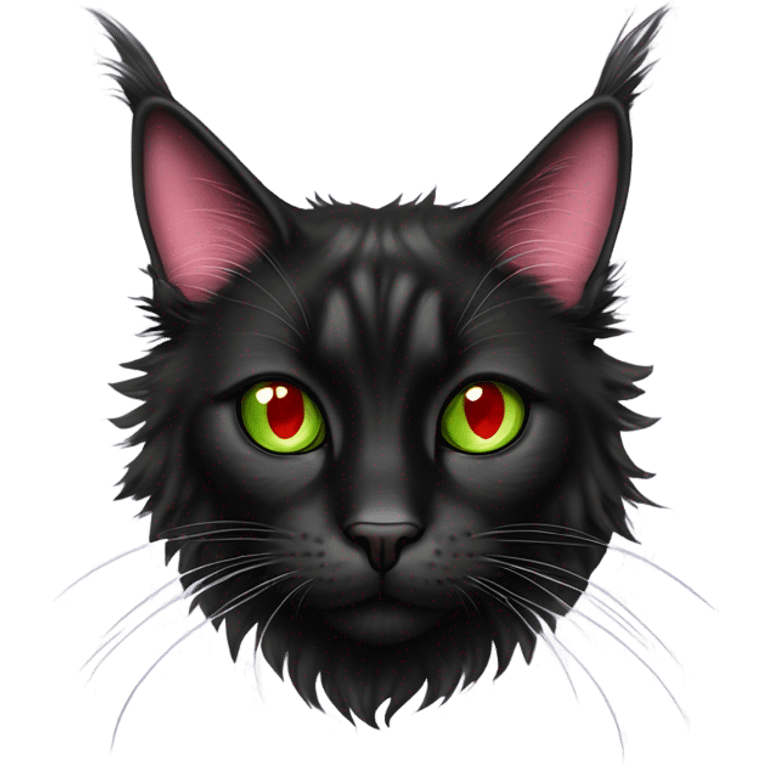 black mainecoon cat with one green eye and one red eye with scar over it and a pink nose and piercings on ears emoji