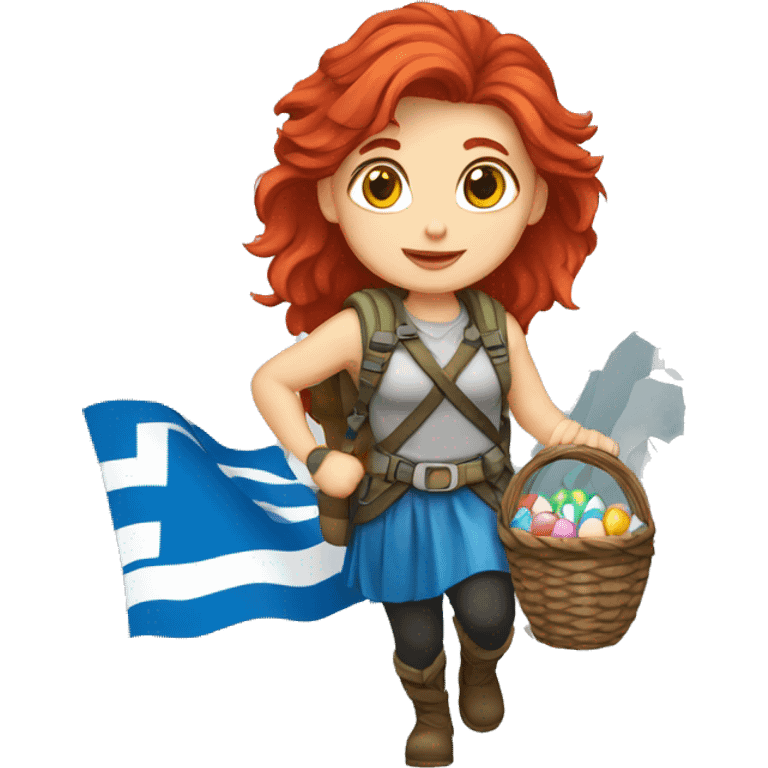 Female mountaineer red hair climbing with Greek flag and holding Easter eggs basket emoji