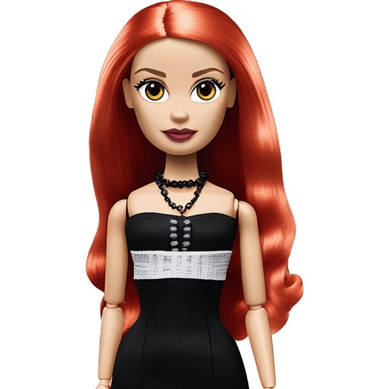  Wednesday Addams Barbie.  Small  eyes with light skin face. Earrings with matching necklaces Longer red hair. black flowing strapless tight evening gown neckline that’s off-the-shoulders shows her legs and black high heel shoes. emoji