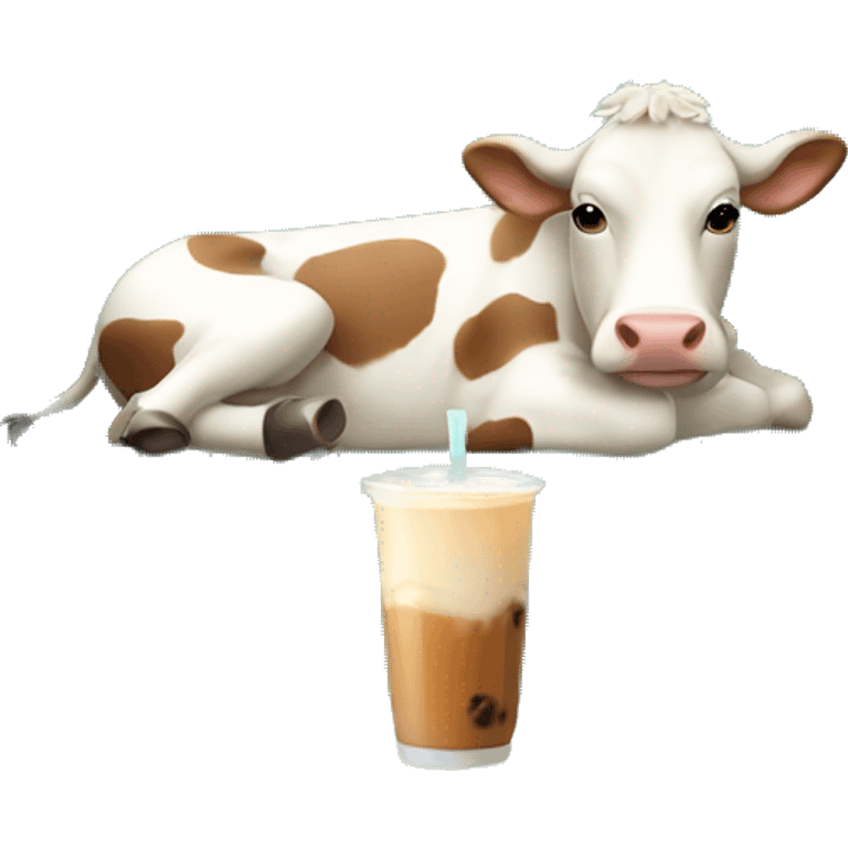 a little cow laying in a sofa, drinking milk tea emoji