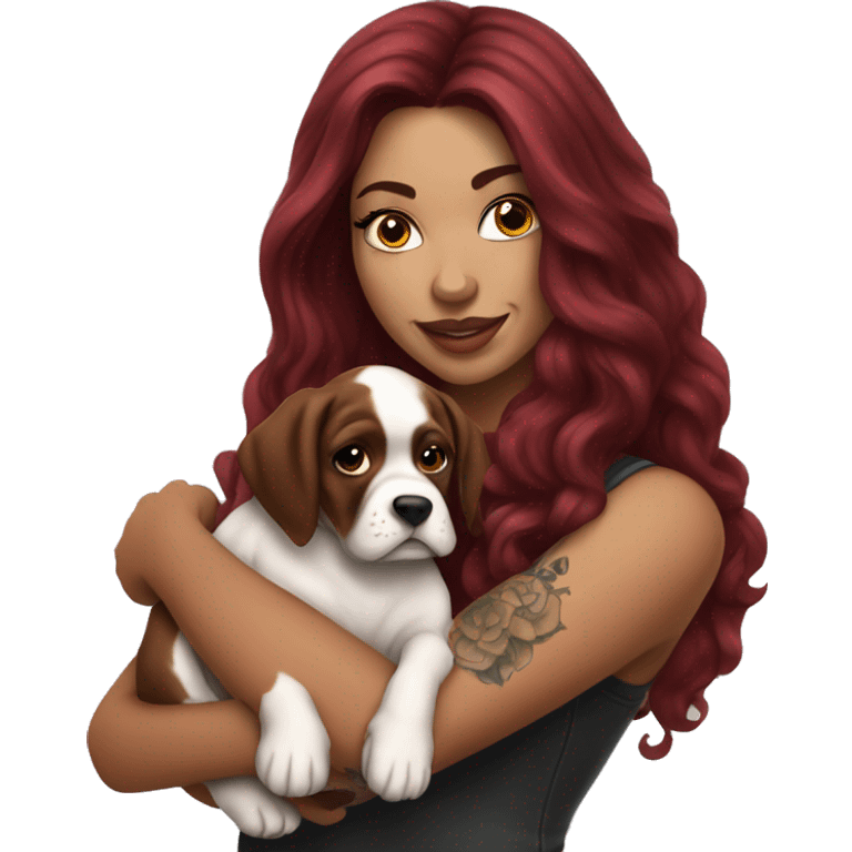 Beautiful tattooed  burgundy long haired woman holding a boxer puppy emoji