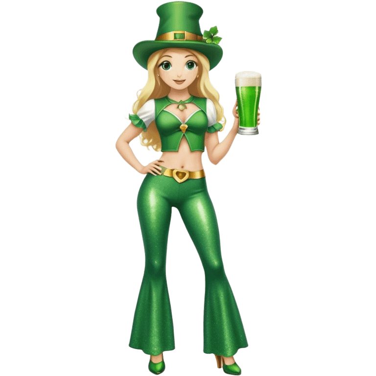 Blonde haired pretty woman in glittery green bell bottoms and tall leprechaun hat holding a green beer emoji