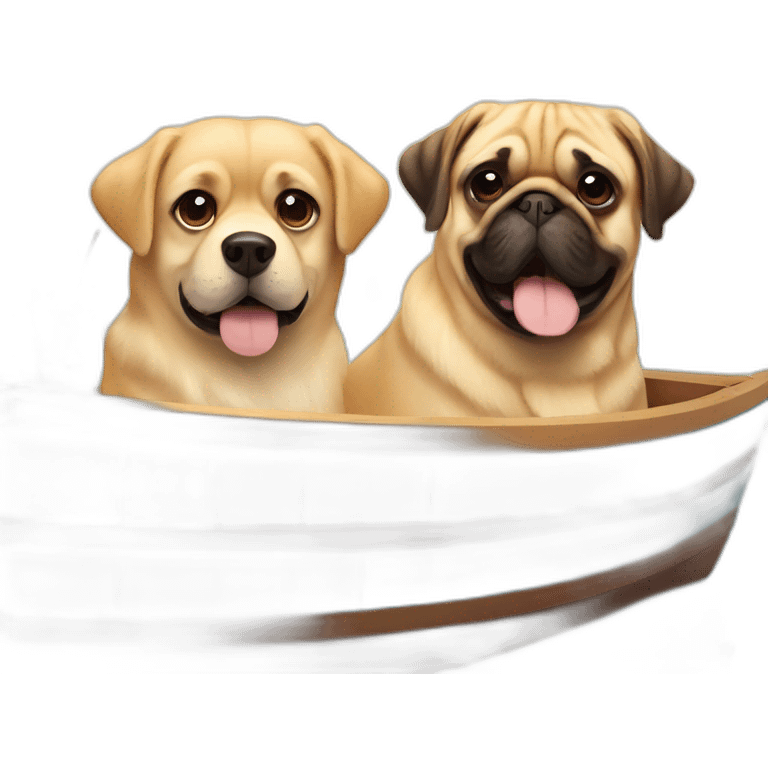 golden retriever and pug in a boat with some drinks emoji