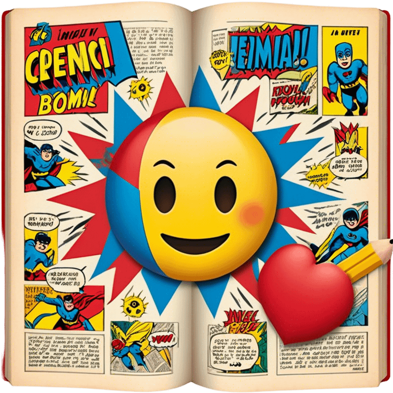 Create a vibrant emoji representing comic books and graphic novels as an art form. The design should feature a large, open comic book with vintage comic panels on the pages. Include a pencil (without a hand) gently writing text or sketching on the pages. The comic panels should have bold lines and retro-style artwork with classic comic book visuals. Use bright, energetic colors like red, yellow, and blue to evoke excitement and creativity. The overall design should feel dynamic, vintage, and artistic. Make the background transparent. emoji