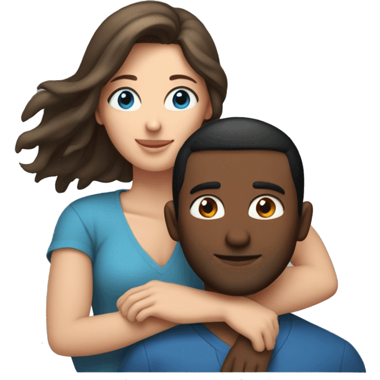 Couple embracing with arms around each other; white woman with blue eyes and brown hair, Indian man with black hair  emoji