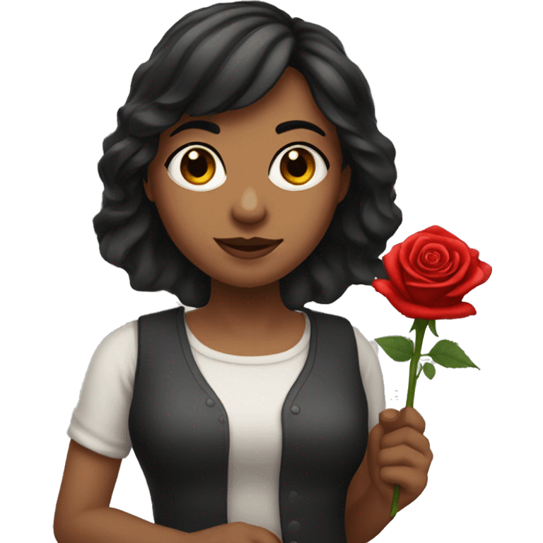 A women named rose, with dark hair bangs and holding a red red rose in one hand emoji