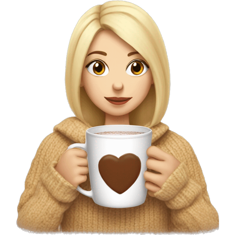 Blonde girl drinking hot cocoa with a cozy sweater on  emoji