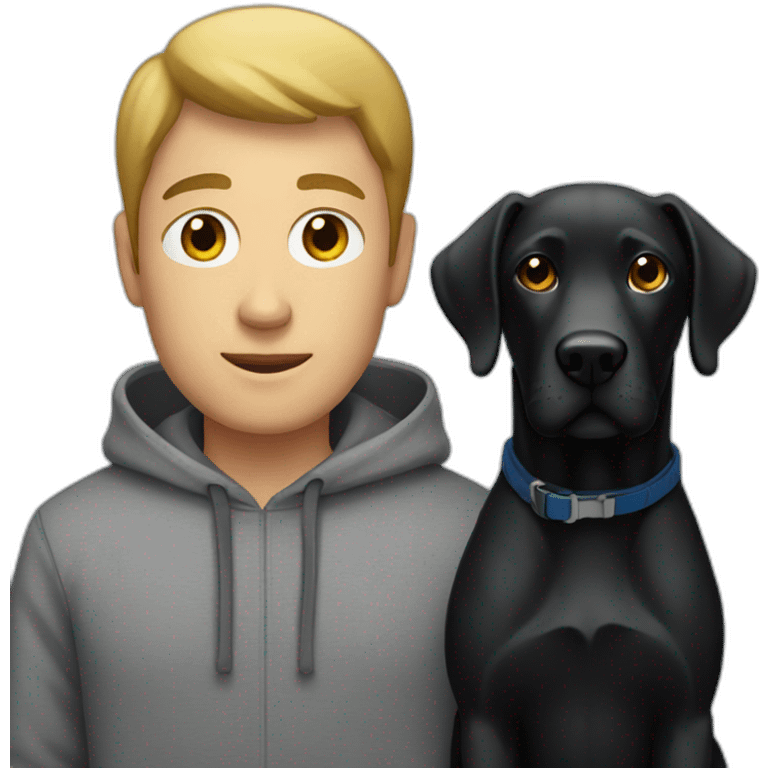 a man in a grey hoodie standing next to a black Labrador emoji