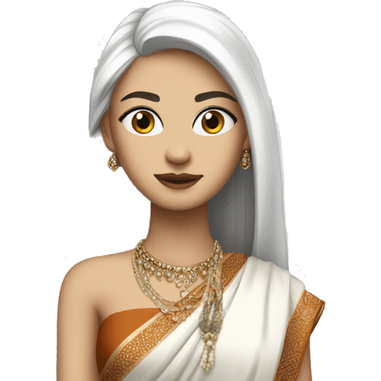 hair straight, white face colour, slender face, wearing a trendy saree and accessories, full body, sharp jawline, edgy emoji