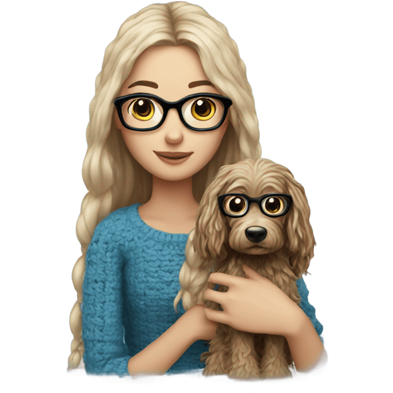 Long hair girl with blue eyes and glasses with a little crochet dog in her arms  emoji