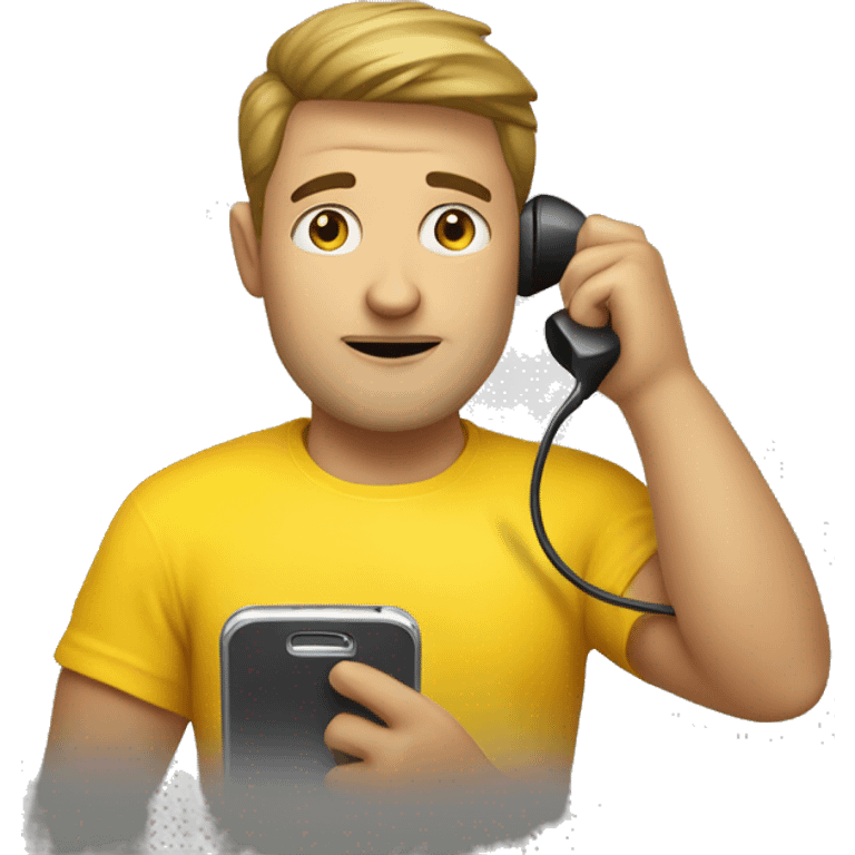 a man with a phone in his hand and a yellow t-shirt in a call  emoji