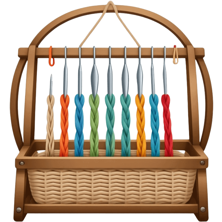 Weaving icon, various types of weaving such as basket weaving, macramé, and loom weaving, showing intertwined threads or ropes, weaving tools like shuttle, crochet hook, and loom, minimalistic style, clean lines, transparent background. emoji