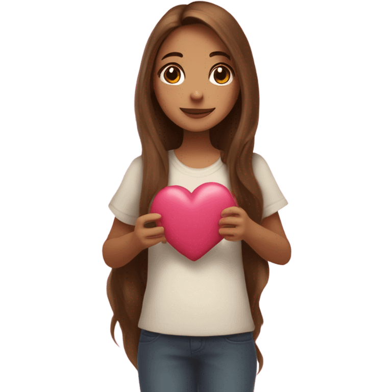 A girl with long brown hair with hearts all over and holding a heart out  emoji