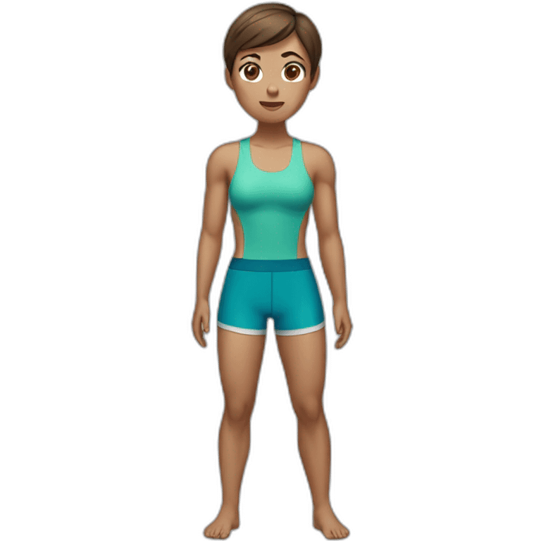 woman with muscles,short hair,tired eyes,brown hair, tight swimming trunks emoji