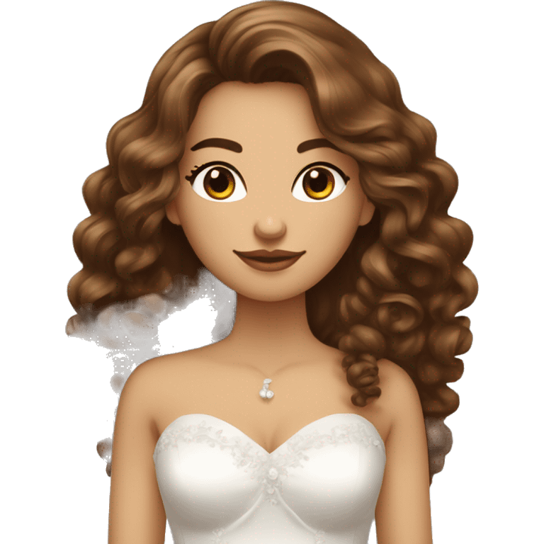 femme en tenue de mariée avec long cheveux bouclé bruns et yeux marrons emoji