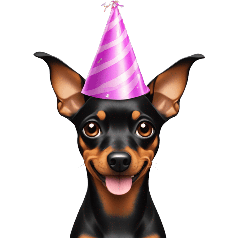 miniature pinscher with floppy ears in a birthday hat  emoji