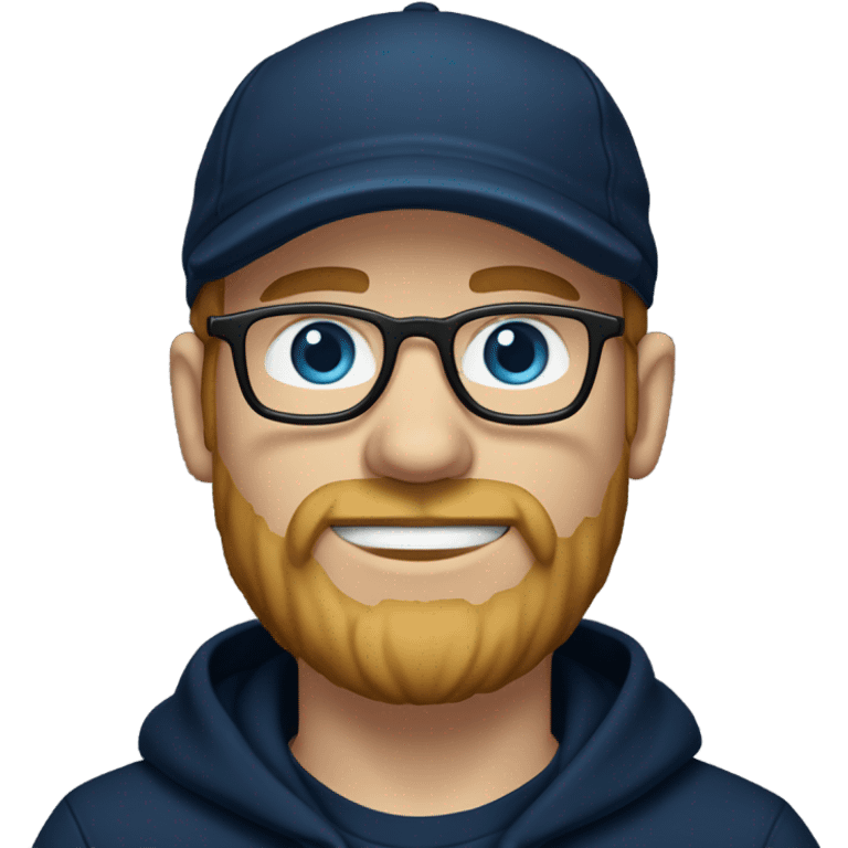 a white dude with blue eyes a brown blonde beard and sideburns and thin frame glasses wearing a black newsboy hat a navy blue pull over hoodie and dark blue t shirt emoji