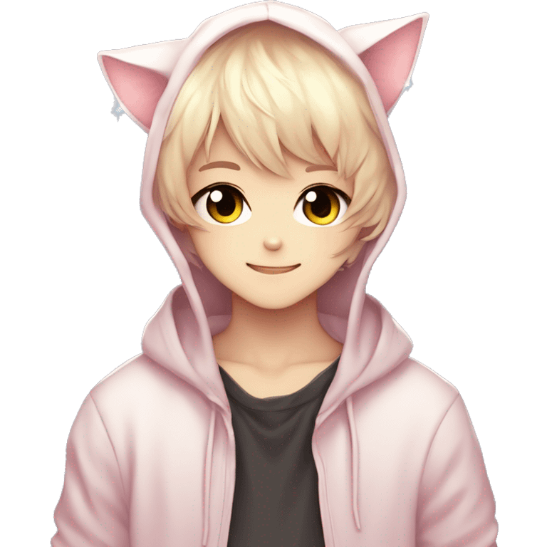 Cute Kawaii Beautiful Gorgeous Sparkly Shiny Blushing Anime Style Catboy With Pretty Hair And Hoodie Trendy Style Outside emoji