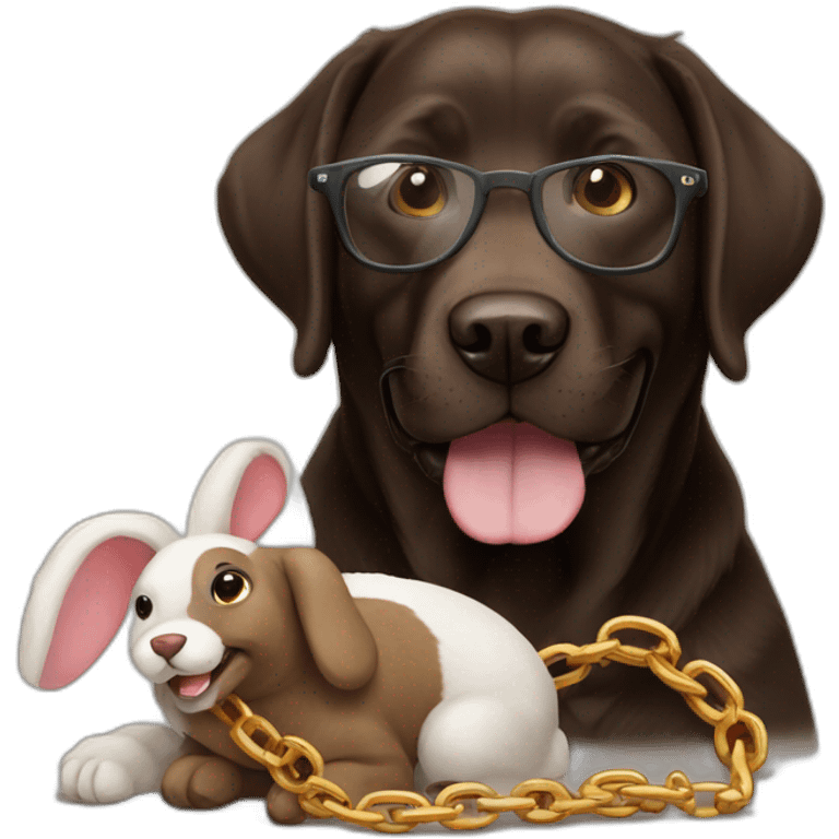 dark brown labrador, smiling, with glasses, a chain with "Sam" and a stuffed rabbit in mouth emoji