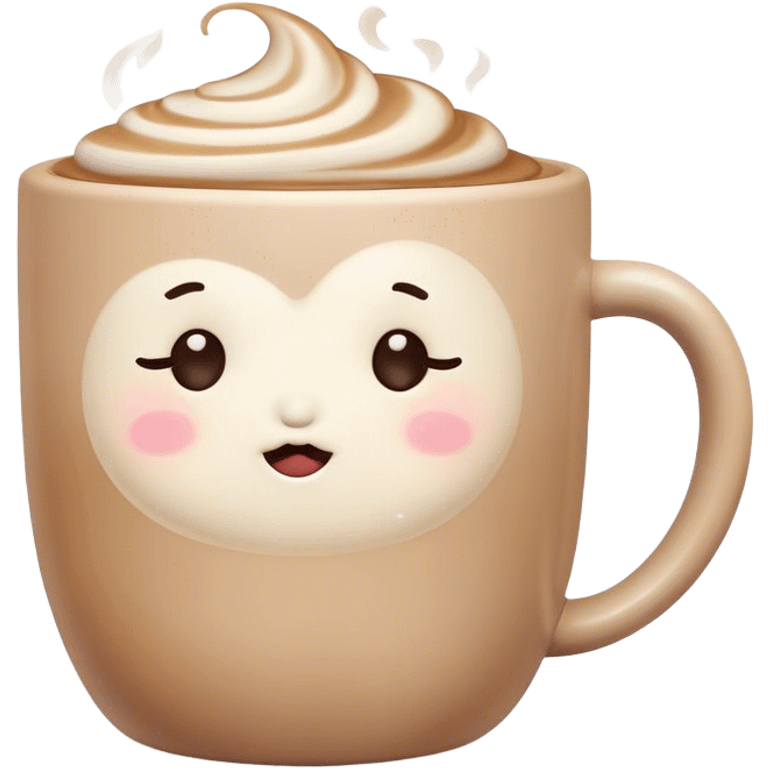 Cute Kawaii Coffee Cup, cozy and warm, a tiny swirl of steam shaped like a heart, round chubby face with a sleepy but content expression, soft pastel brown and cream colors, perfect morning vibes! emoji