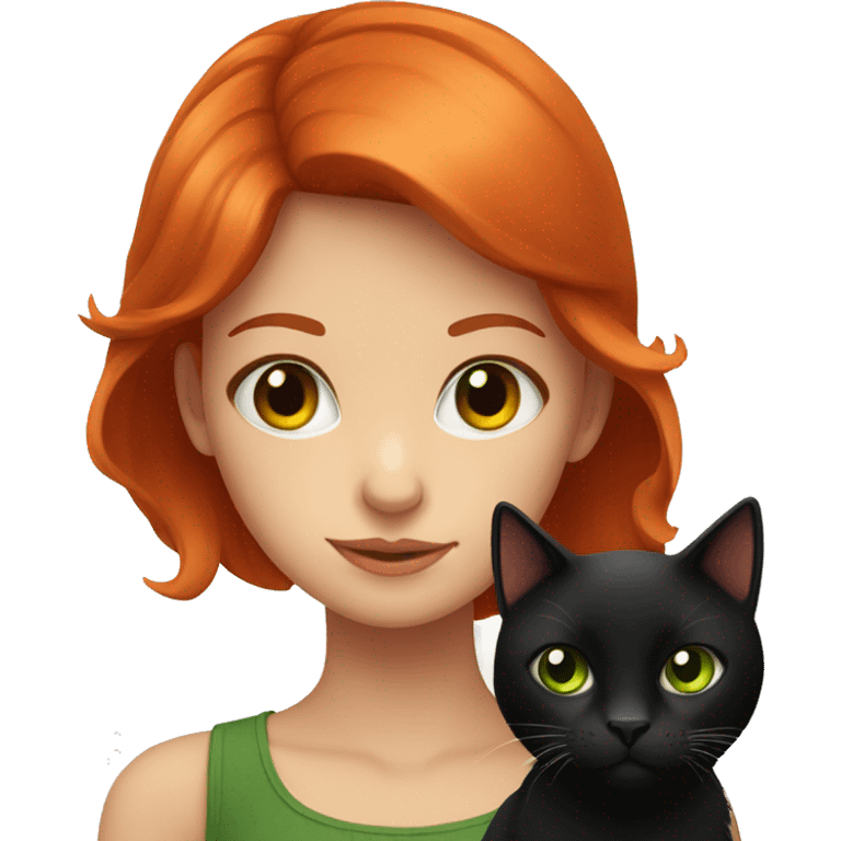 Red head girl with green eyes holding black cat with orange eyes emoji