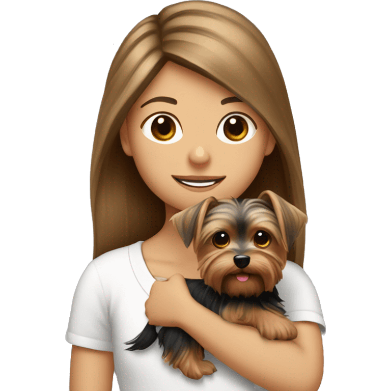 Yorkshire Terrier in the arms of a girl with brown hair emoji