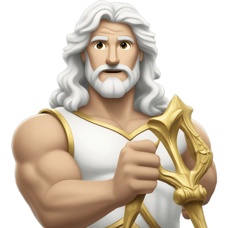 white man Poseidon with gold Trident. long white hair white dress. show biceps emoji