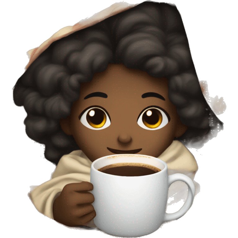 Black girl inside a blanket sipping coffee eyes closed emoji