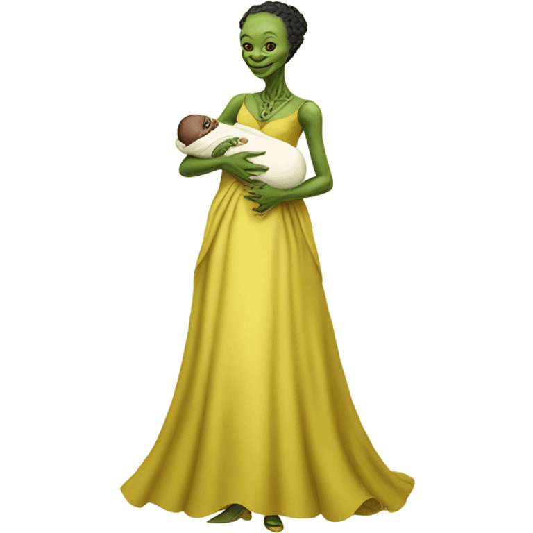  Reptilian alien woman smiling, full body, in victorian jellow elegant dress, holds a newborn white humman baby emoji