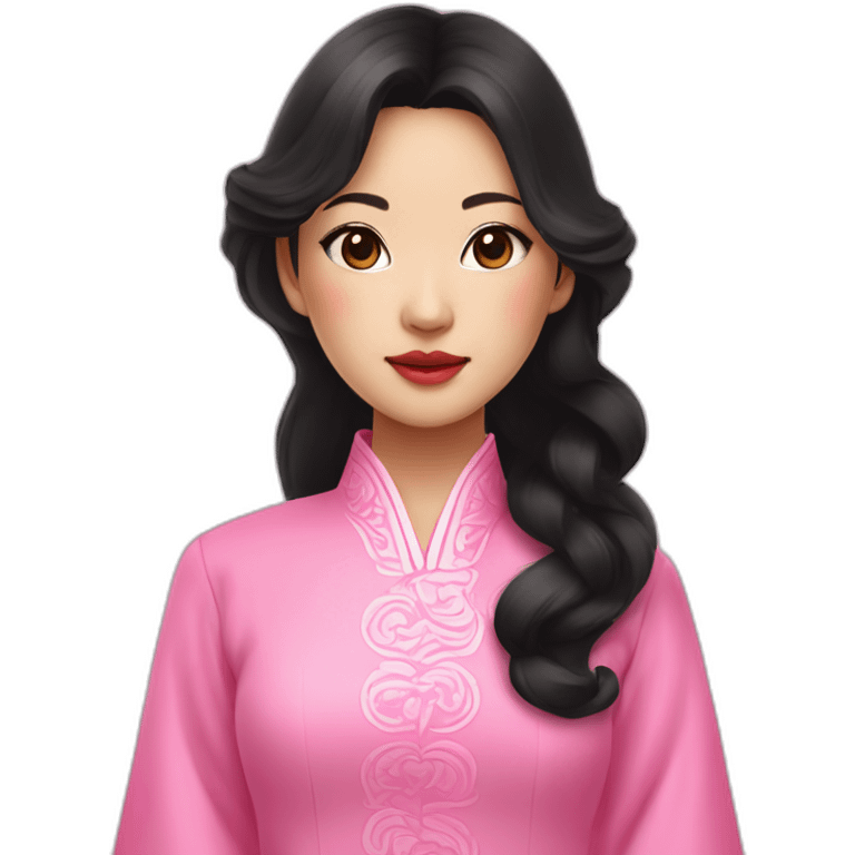 asian girl with fair lips, wavy black hair posing with pink ao dai emoji