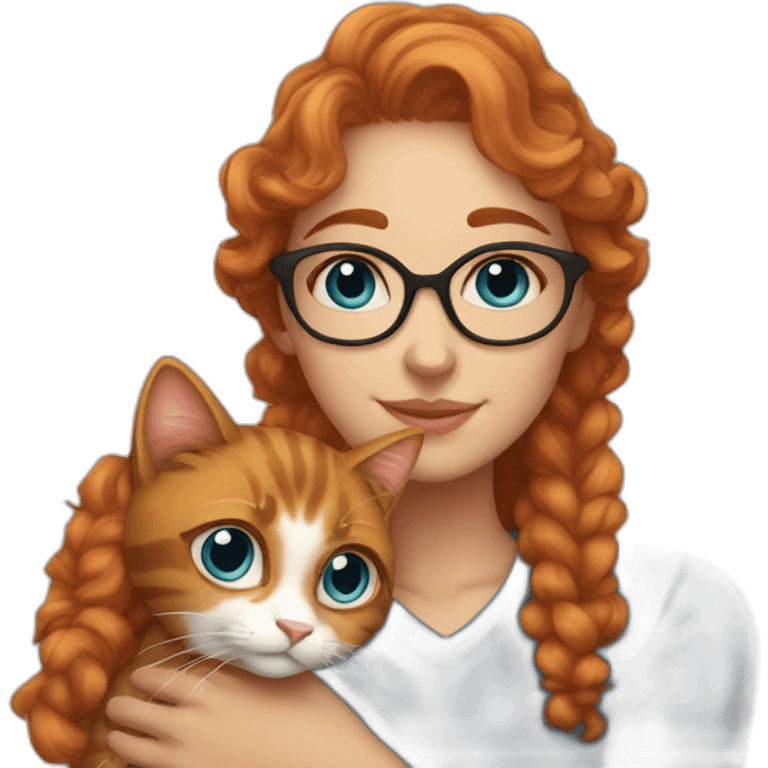 a pretty girl with curly copper hair and blue glasses hugging a cat emoji