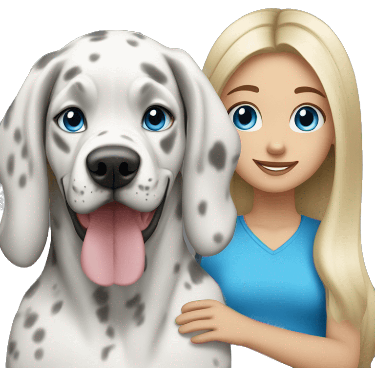 Blonde girl with blue eyes and long hair with a blue merle great dane dog emoji