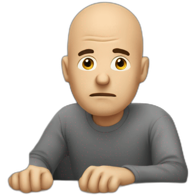 An unhappy stubbled man with bald hair sitting at the computer emoji