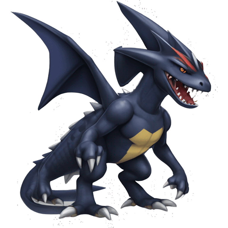 Black, Modern, Cool, Edgy, Badass Punk-style Garchomp-Nargacuga-Sergal Fakémon-Digimon with sharp edgy striking detailed stripe-markings,  full body emoji