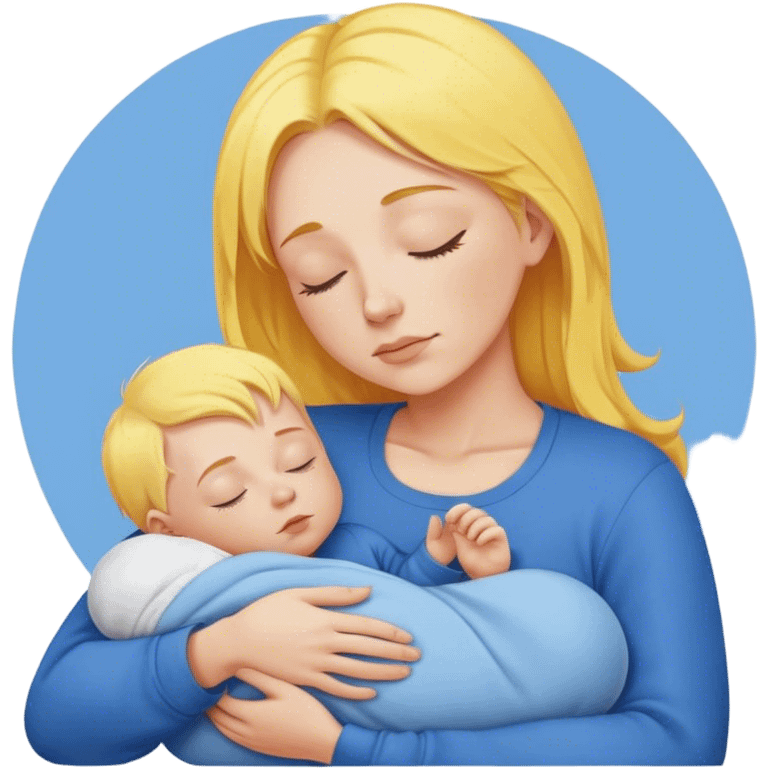 Mother is holding a baby, the mother has yellow hair and pink clothes, the baby is sleeping in blue clothes emoji