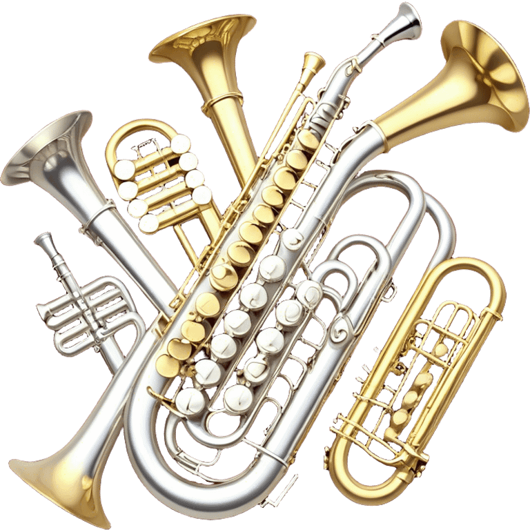 Create a festive and elegant emoji collage featuring a bouquet or fan of bells of wind instrument  (trumpets, saxophones, trombones, tubes, etc.) arranged in a radiant, symmetrical pattern. The instruments should have polished, golden and silver finishes, with their large, shiny bells forming a beautiful, fan-like display. Include a flowing ribbon of musical notes swirling through the center, conveying movement and melody. The background should feature a deep red velvet texture, adding a touch of luxury and sophistication. The overall composition should be balanced, with an elegant and regal feel, with a transparent background to keep focus on the instruments and musical elements. emoji